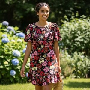 Cinq a Sept Dress 8 Maraschino Floral Ruffle Mini Blk Pink‎ Flutter Sleeve FLAW